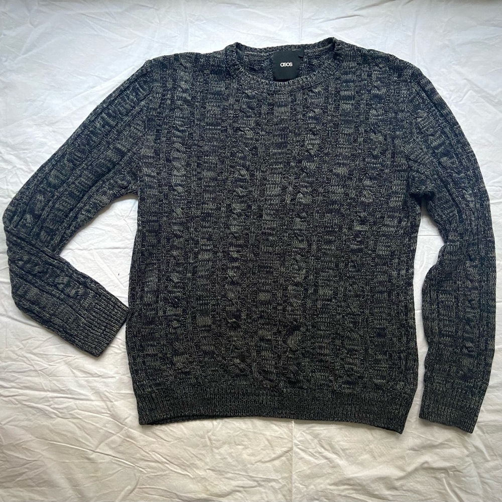 EUC ASOS M blue and grey cable knit crew neck sweater